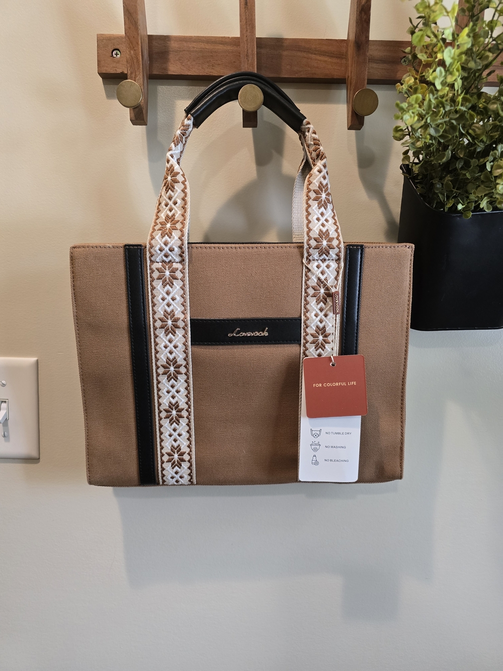 Brand New Canvas Tote Bag in Camel with Embroidered Straps